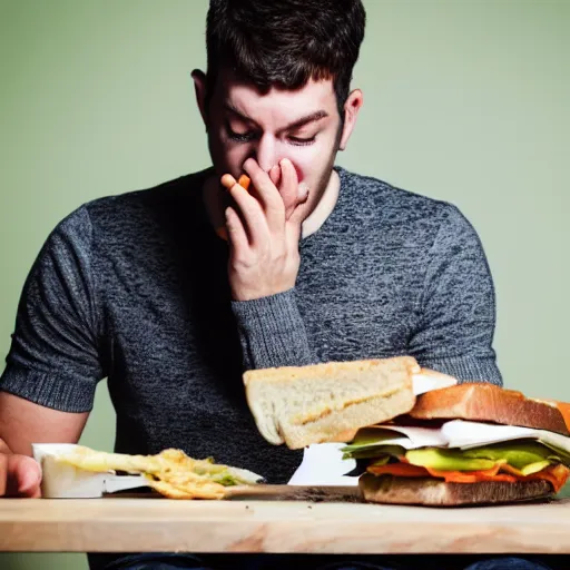 Prompt: man eating a messy sandwich and crying, food falling onto the table, sadness