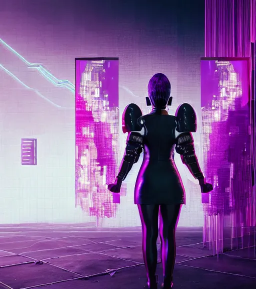 Image similar to back shot, looking away from viewer, woman with black ponytail in sci - fi leather armor, purple, by dariusz zawadzki, kenneth blom, mental alchemy, james jean, pablo amaringo, naudline pierre, intricate, contemporary art, glitch, neon color palette, hyper detailed, rendered in octane