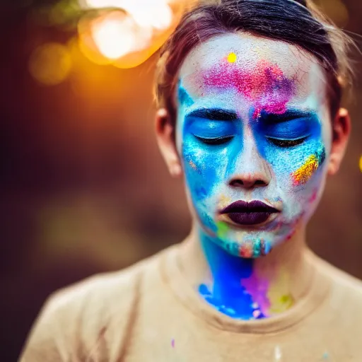 Image similar to 100mm bokeh realistic outdoors photo of a young adult with various colors of paint smeared on their face, eyes closed, sunset behind them, HDR cinematic lens