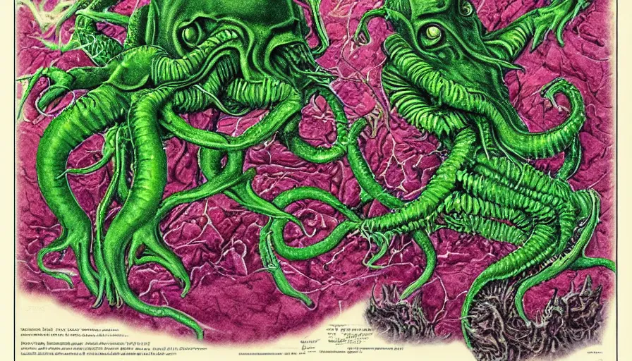 Image similar to cthulhu cross section scientific illustration biology book, highly detailed