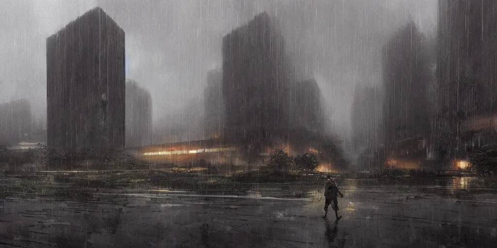 Image similar to brutalist architecture, rainy day, ominous evening, matte painting by greg rutkowski and craig mullins