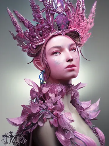 Image similar to pink portrait of young beautiful female angel queen Lena Anderson head wearing shiny pink crown, subtle purple accents, hyper details, black metal rococo, sculpted by Alex Alice, Craig Mullins, yoji shinkawa, trending on artstation, beautifully lit, Peter mohrbacher, hyper detailed, insane details, intricate, elite, elegant, luxury, ray of light through smoke, CGsociety, hypermaximalist, golden ratio, background urban cityscape, night, neofuture, volumetric, octane render, weta digital, micro details, 3d sculpture