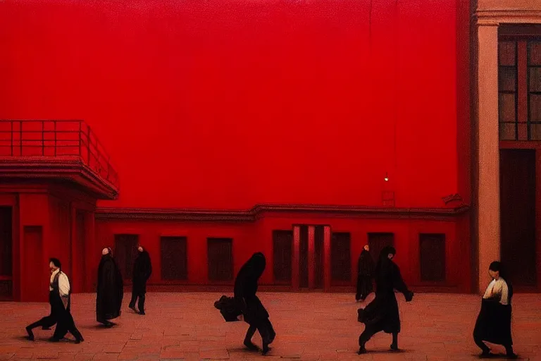 Image similar to only with red, crowd delirious at the sight of a painting, in a city square, in the style of beksinski, parts by edward hopper, parts by rodcenko, parts by yue minjun, intricate and epic composition, red by caravaggio, insanely quality, highly detailed, masterpiece, red light, artstation, 4 k