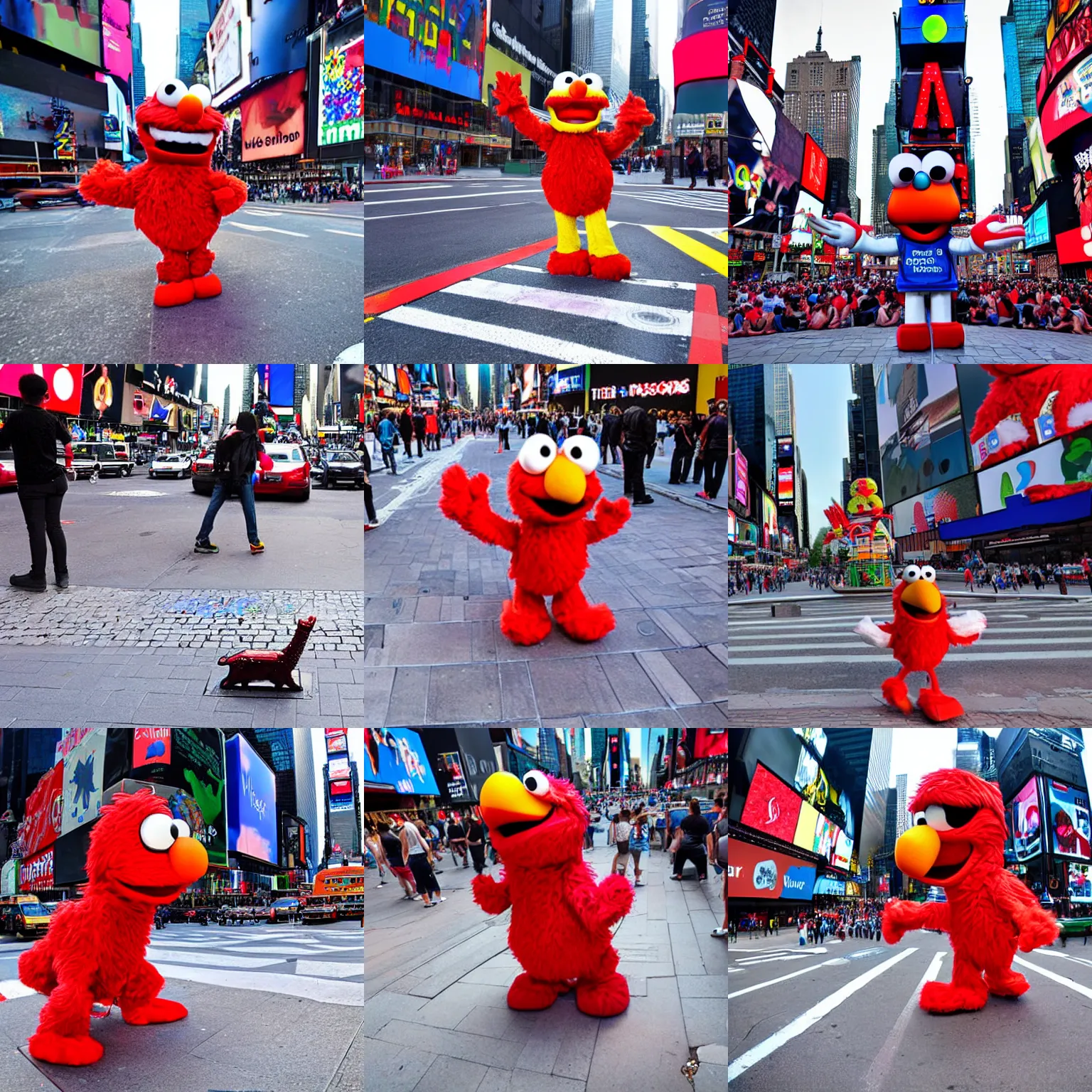 Prompt: google street view, elmo on a sidewalk in time square. photograph