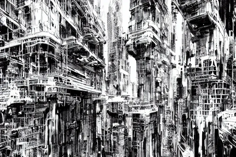 Prompt: vast technological world, gigantic megastructure, haphazard architecture, largely devoid of life, by Tsutomu Nihei