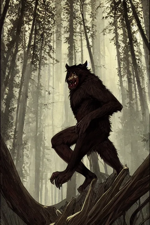 Image similar to fullbody portrait of a male werewolf, bared teeth, long claws, by greg rutkowski and alphonse mucha, gradient brown to silver, in front of a forest at night background, highly detailed, digital painting, artstation, concept art, smooth, sharp focus illustration