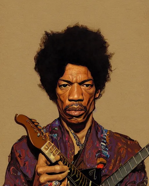 Image similar to portrait of jimi hendrix by greg rutkowski in the style of egon schiele