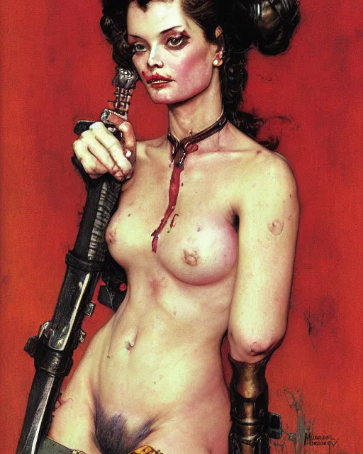 Prompt: portrait of a beautiful savage slaanesh female, by norman rockwell