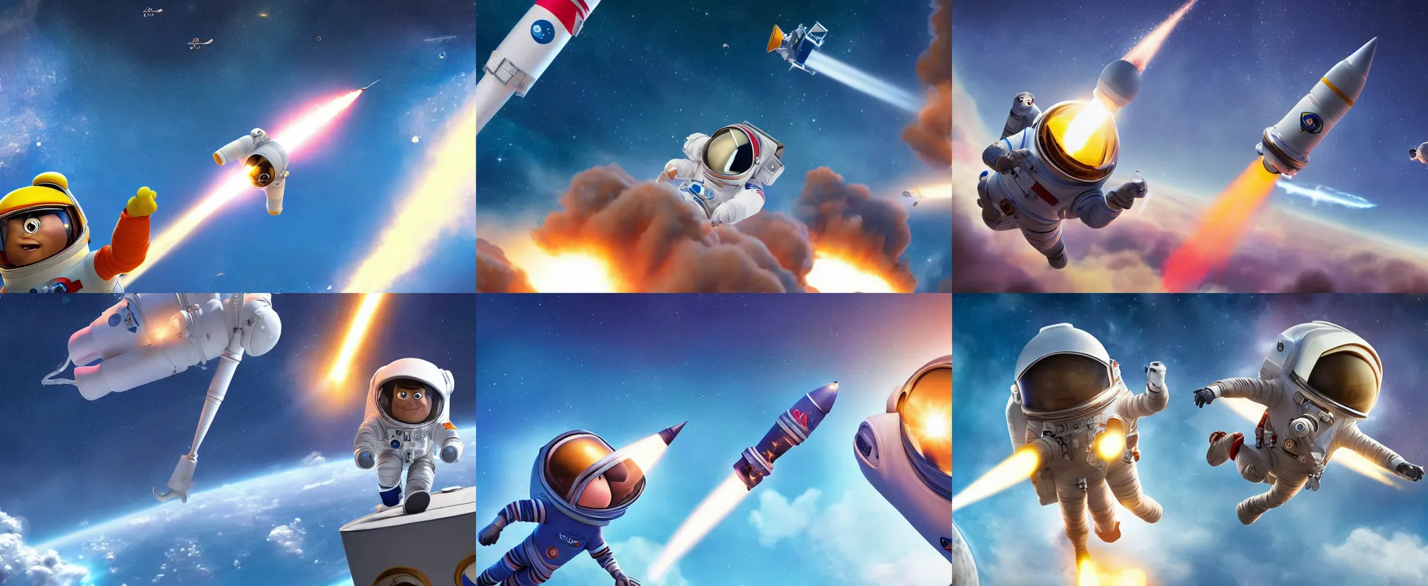 Prompt: astronaut riding forged aluminim rocket into space, cinematic close up lighting, 3d animated feature film, disney, pixar, illumination entertainment, blue sky