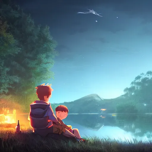 Image similar to a silver dragon and a boy sitting together next to a lake watching firefly at night in forest, concept art, dof, cryengine, digital art, detailed background, makoto shinkai