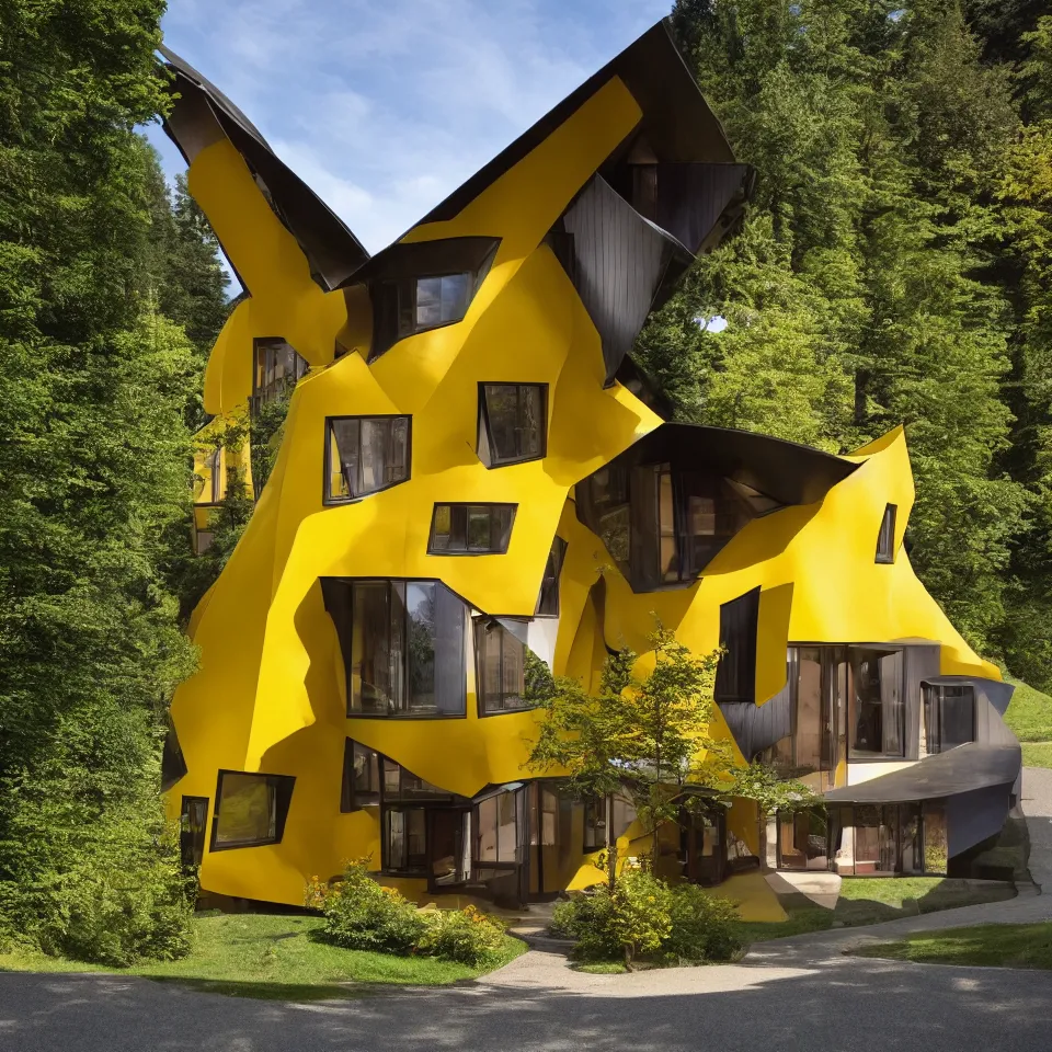 Image similar to a flat horizontal house in the black forest, designed by Frank Gehry. Big tiles. Small wooden pathway . Film grain, cinematic, yellow hue