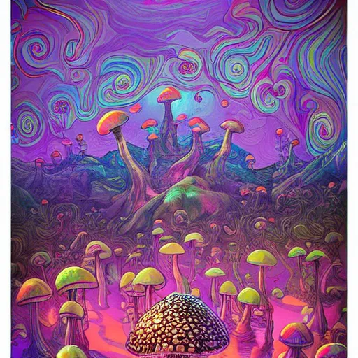 Image similar to trippy mushrooms, acrilic paint, digital, artstation, detailed intricate ink illustration, heavenly atmosphere, digital art, overdetailed art, concept art, complementing colors, trending on artstation, cgstudio, the most beautiful image ever created, dramatic, subtle details