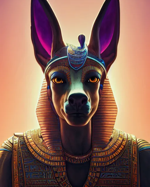 Image similar to highly detailed vfx portrait of a egyptian god anubis talking to horus with pyramid behind them, sky galaxy purple, unreal engine, greg rutkowski, loish, rhads, beeple, makoto shinkai and lois van baarle, ilya kuvshinov, rossdraws, tom bagshaw, alphonse mucha, global illumination, detailed and intricate environment