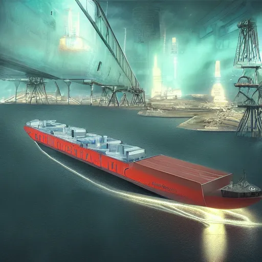 Prompt: photo of Immense industrial futuristic cargo ship arrives at cyber punk city sea port, cinematic lighting, photo