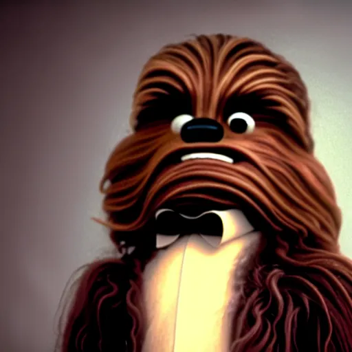 Image similar to mr. bean as chewbacca from star wars. movie still. cinematic lighting.