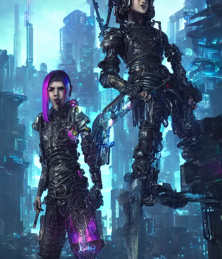 Prompt: [ grimes in medieval cyberpunk armor ]! holding a [ sword in her hand ]! looking out into the [ futuristic cyberpunk city ]!, digital art style, anime style, trending on [ artstation ], 4 k, cgsociety contest winner, award winning, neon! lighting, neon subsurface scattering!, intricate, full - body!, volumetric lighting!