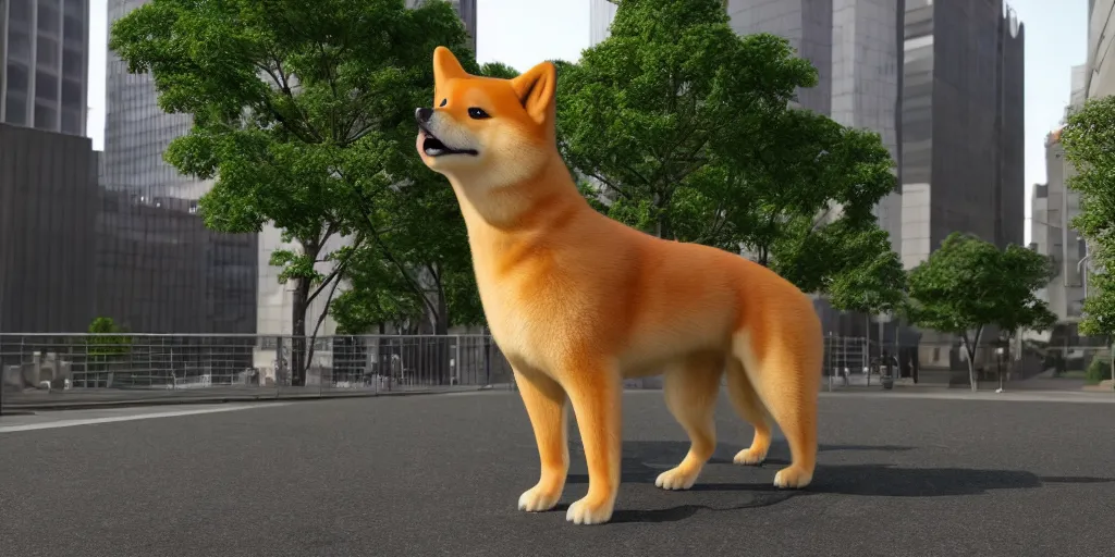 Image similar to a highly detailed render of a giant shiba inu standing in tokyo, hyperrealistic, realistic, 8 k, made in unreal engine 5