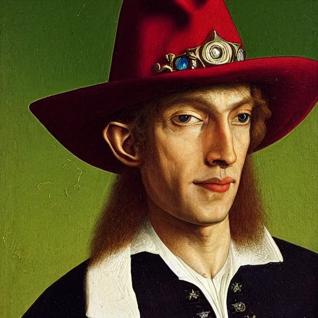 Prompt: 3/4 bust portrait of a shifty high fantasy elf sheriff wearing a cowboy hat and star badge by Jan van Eyck, 8k scan