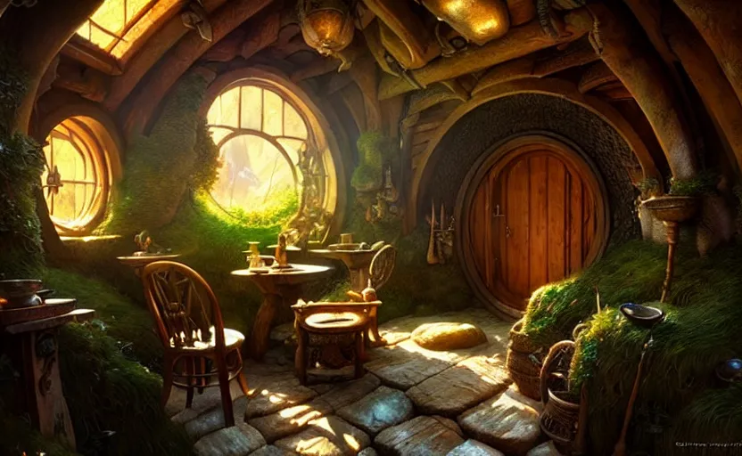 Image similar to hobbit house interior, fantasy atmosphere, intricate, detailed, photorealistic imagery, artstation, by Greg Rutkowski and Gaston Bussiere and Evgeny Lushpin