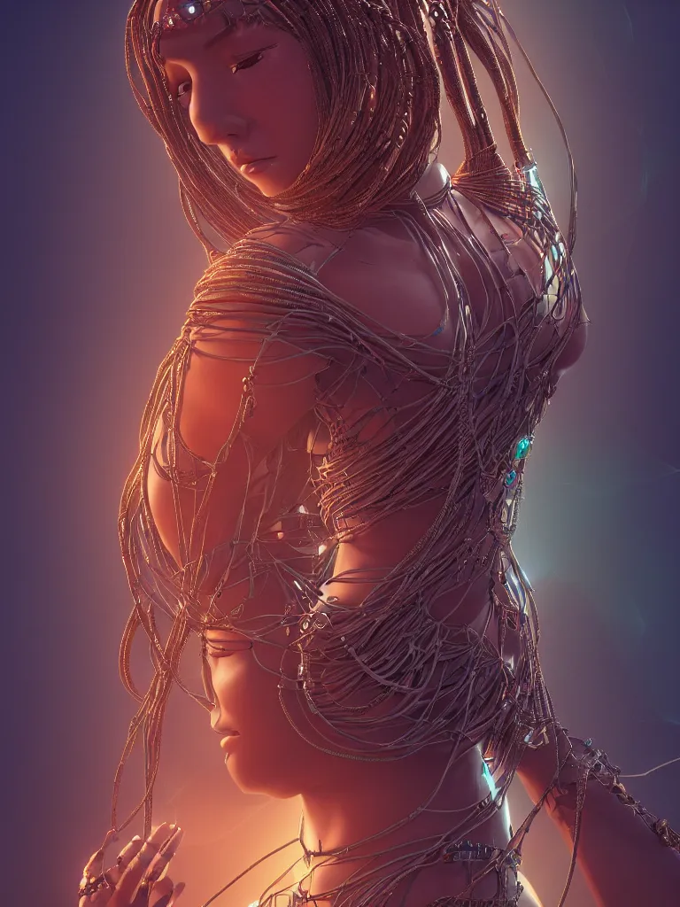 Image similar to a centered render of an alluring mystical tribal goddess adorned with cables and synthesizer parts is surrounded by sacred geometry, full body, gorgeous face, perfect face, powerful, cinematic, beautifully lit, by artgerm, 3 d, trending on artstation, octane render, 8 k