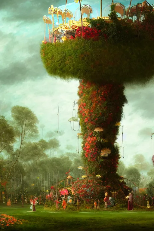 Prompt: a beautiful digital illustration painting of a fantasy carousel in overgrown roots, flowers by benoit b. mandelbrot, steven belledin, martin johnson heade, lee madgwick, caspar david friedrich, and david rios ferreira. 8 k resolution trending on artstation concept art digital illustration