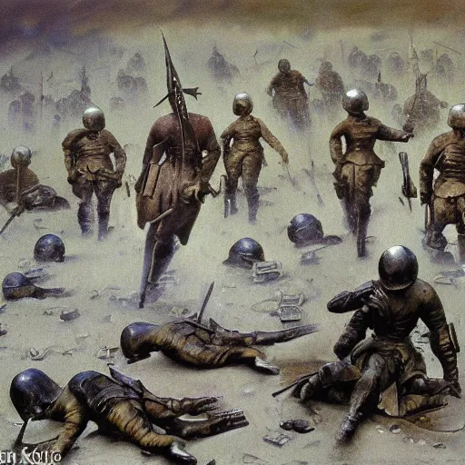 Prompt: oil painting of a ground covered in medieval silver soldier corpses, war, storm dawn, by Frank Frazetta, by Georgia O Keeffe sfumato, realistic