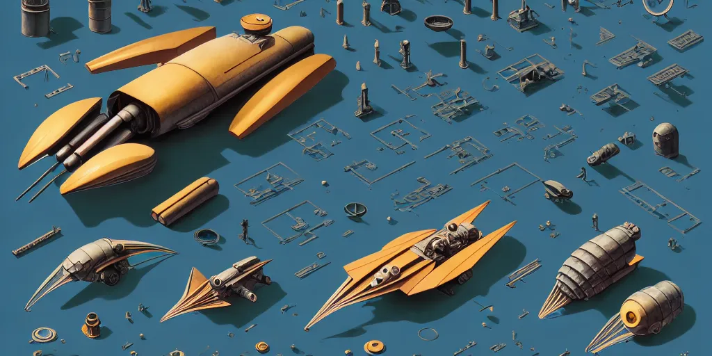 Image similar to collection of exploration of form and shapes, moebius, engine, props, hard surface, panel, simon stalenhag, kitbash, items, gadget, big medium small, close up, vehicles, futuristic, parts, machinery, greebles, insanely detailed, golden ratio, wes anderson color scheme, in watercolor gouache detailed paintings, sleek design, spaceship