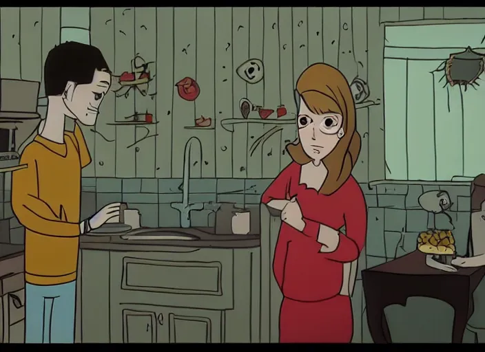 Prompt: still from animated horror movie, animated movie shot, love in denial