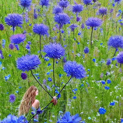 Image similar to epic realistic photo human body made of blue wild flowers