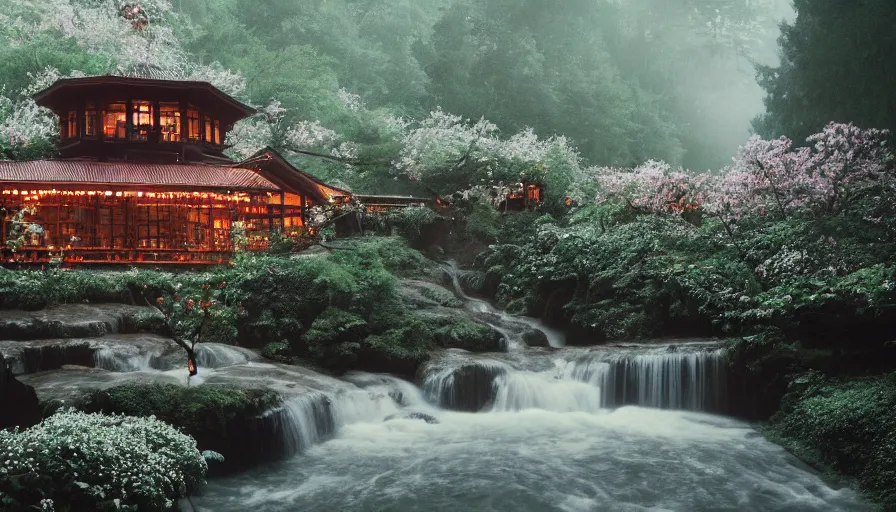 Image similar to a Sophia Coppola 35mm film still of a very surreal magical European castle style cabin with a bookstore cafe behind a lush waterfall, falling cherry blossoms pedals, in the style of Gucci, glowing lights and floating lanterns, foggy atmosphere, rainy, moody, muted colors, magic details, very detailed, 8k, cinematic look