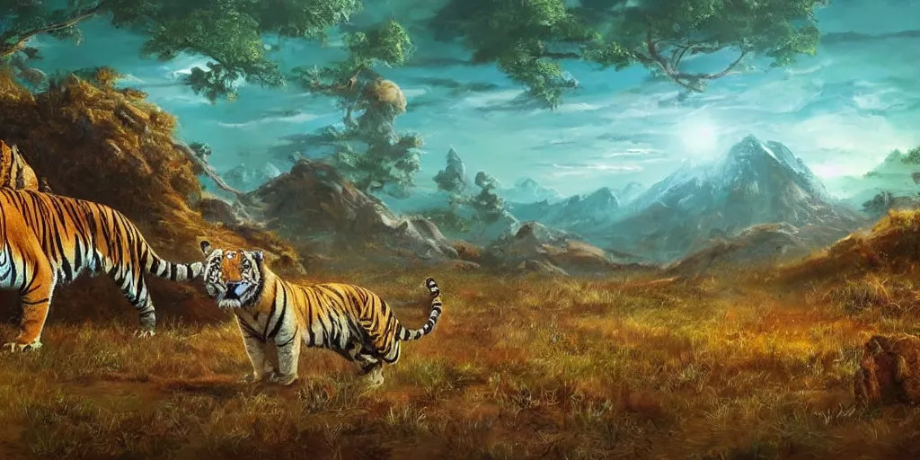 Image similar to alien landscape, bengal tigers, oil painting 8 k, trending on artstation, bob ross, really really good