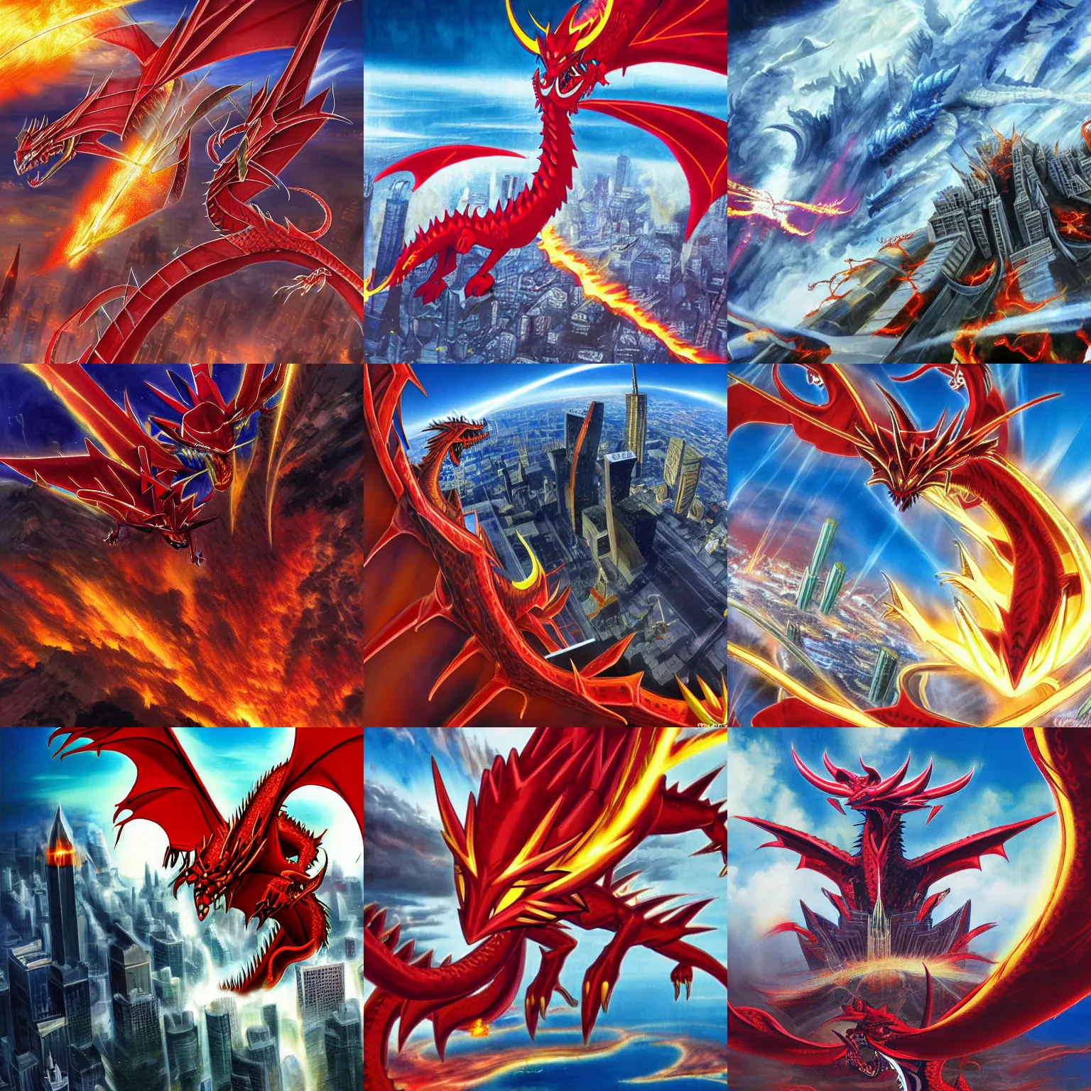 Prompt: slifer the sky dragon crashing into the twin towers, detailed high resolution photo