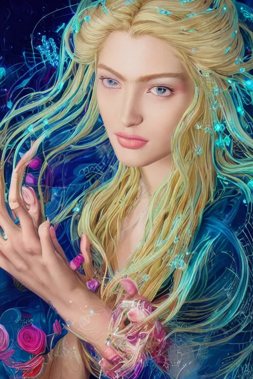 Prompt: Woman with blonde hair beautifully styled with colorful braids gesturing her well-detailed, intricately manicured hands toward the camera, with a white background, illustrated by Greg Rutkowski and Gaston Bussiere, 35mm lens, beautiful macro close-up imagery, vibrantly lush neon lighting, beautiful volumetric-lighting-style atmosphere, a futuristic atmosphere, intricate, detailed, photorealistic imagery, trending on artstation, 4k, 8k