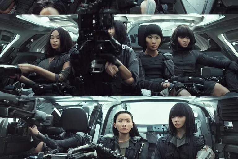 Image similar to movie diverse interracial team of Japanese sci-fi futuristic robbers armed with rifles interior clean futuristic tactical van, beautiful skin, Symmetrical faces. natural lighting by Emmanuel Lubezki