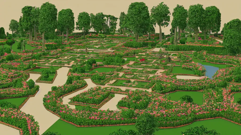 Image similar to versailles garden in an early 3 d low polygon style