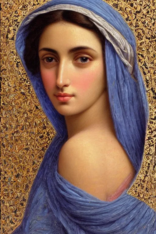 Prompt: beautiful portrait of an arab woman, beautiful eyes,gladioli, close-up, face in focus, intricate oil painting by John William Godward and Anna Dittman, Neo-Gothic, Neoclassical, painted with a palette knife, heavy impasto,Neo-Gothic