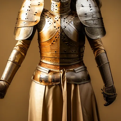 Image similar to a lovely female knight made of cardboard, single face, full-body, tonal color, cute, cinematic, hyper realist, matte painting, Da Vinci, wide angle shot , high resolution, 8k, rule of thirds, insanely detailed and intricate, beautiful, cinematic