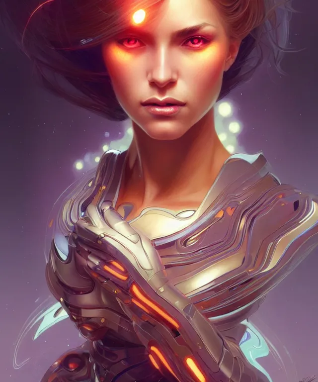 Image similar to futuristic woman portrait, sci-fi, amber eyes, face, long hair, fantasy, intricate, elegant, highly detailed, digital painting, artstation, concept art, smooth, sharp focus, illustration, art by artgerm and greg rutkowski and alphonse mucha