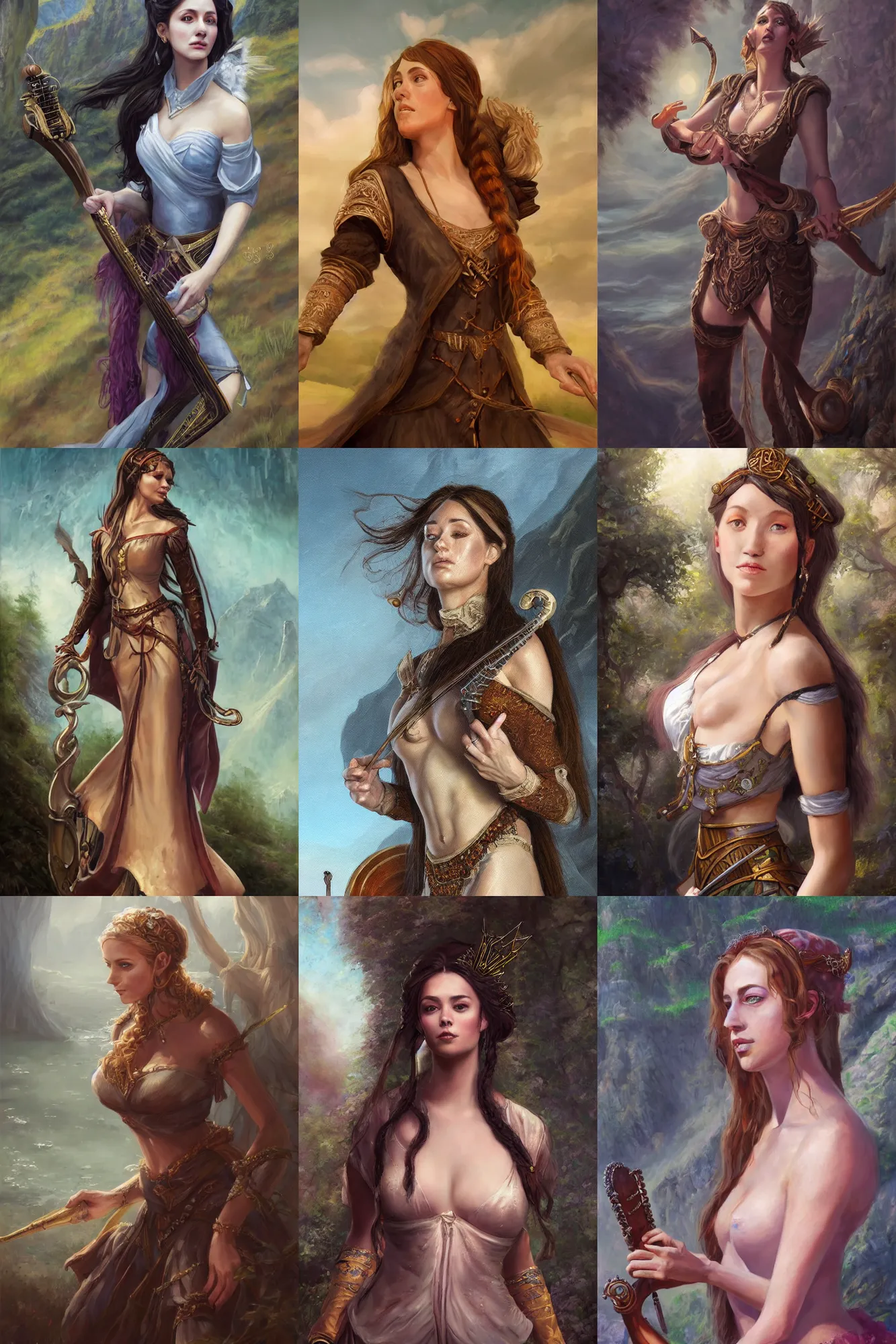 Image similar to a full body high detail fantasy portrait oil painting illustration of a single beautiful sophisticated bard woman by justin sweet with face and body clearly visible, in a scenic background, pupils visible, realistic proportions, d & d, rpg, forgotten realms, artstation trending, high quality, sombre mood, artstation trending, muted colours, entire person visible!