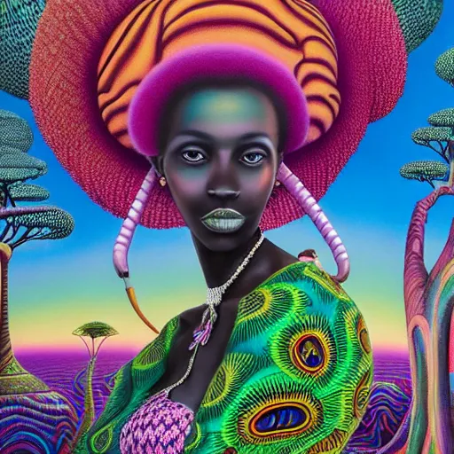 Image similar to a regal and elegant african queen with a colorful afro sitting in a cabana on top of an extremely large steampunk elephant near a pink lake with a large glowing baobab tree, by amanda sage and alex grey and evgeni gordiets in a surreal psychedelic style, oil on canvas 8k, hd