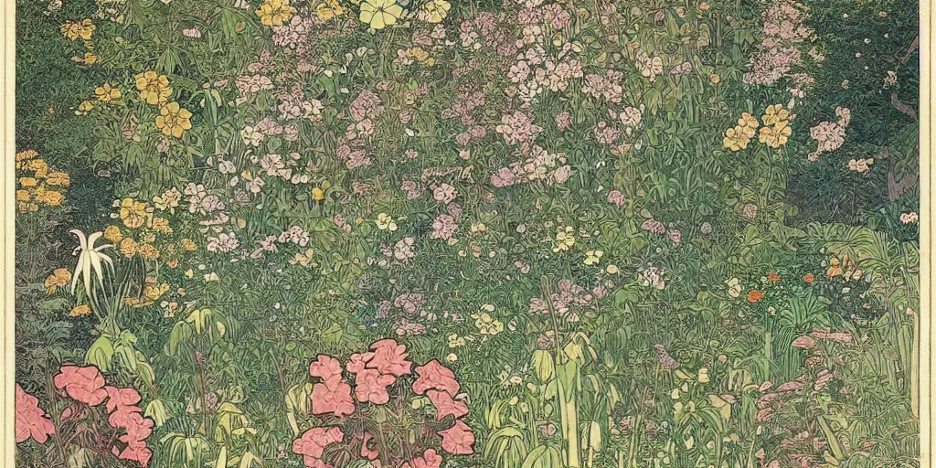 Image similar to an illustration of a beautiful garden, isometric view, painted by ernst haeckel and hasui kawase and alphonse mucha