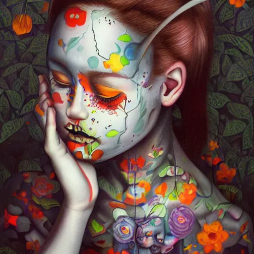 Prompt: A beautiful body art. human technology that had become haunted, possessed by quick, gleaming cleverness. chiaroscuro by Hikari Shimoda dreary