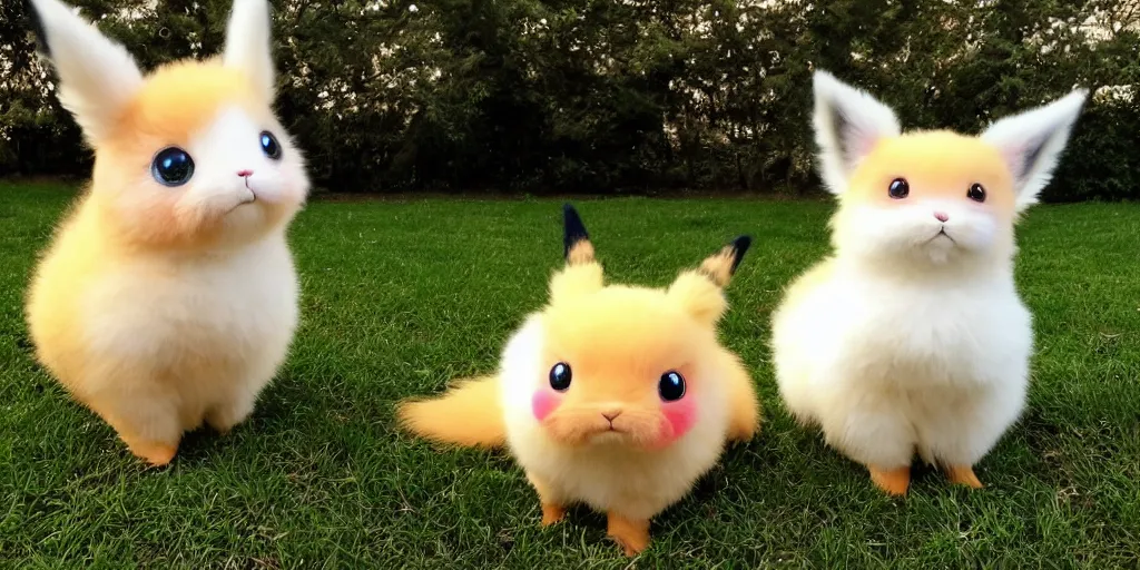 Image similar to real life pokemons, cute!!!, content!!!, mischievous!!!, adorable!!!, fluffy!!!, ultra realistic!!!, spring, golden hour, sharp focus