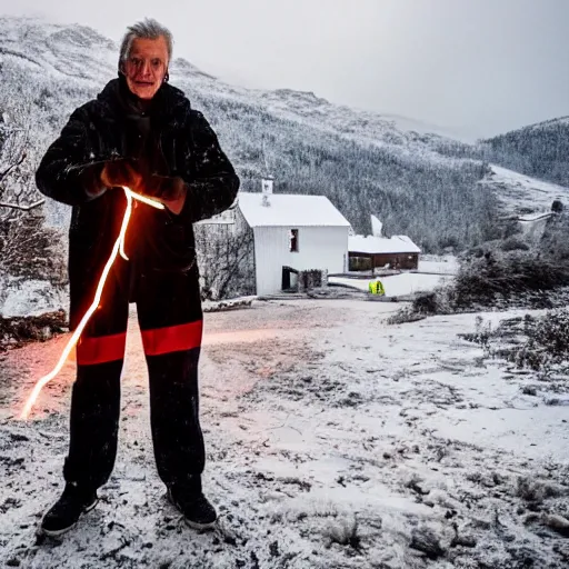 Prompt: Jonas Gahr Støre powering Norwegian village by shooting lightning out of his hands, glowing eyes