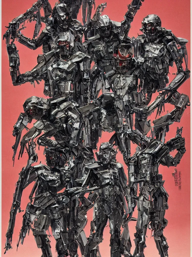 Image similar to Poster for the Movie Schwartzlicht,about Chinese Russian Zombie Troopers Designed By Yasushi Nirasawa battle Japanese America Cyborgs Designed by Syd Mead and Giger, 1970s style, very detailed, text says: Schwarzlicht