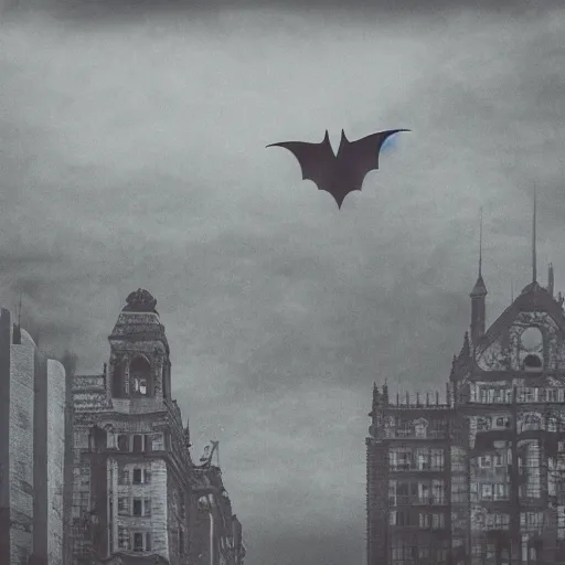 Image similar to a premonition of a bat, lit up the sky of the gloomy, darkened city