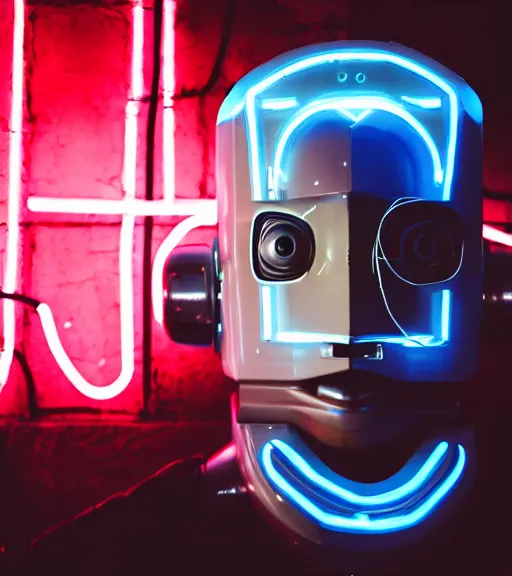 Image similar to portrait of robot lowlight neon lights, cinematic,4k,35mm,street photo, epic