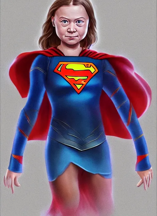 Image similar to greta thunberg as supergirl, detailed digital art, trending on Artstation