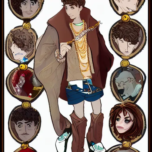 Image similar to a character explainer sheet of a handsome young man wearing excessive jewelry in a tasteful way