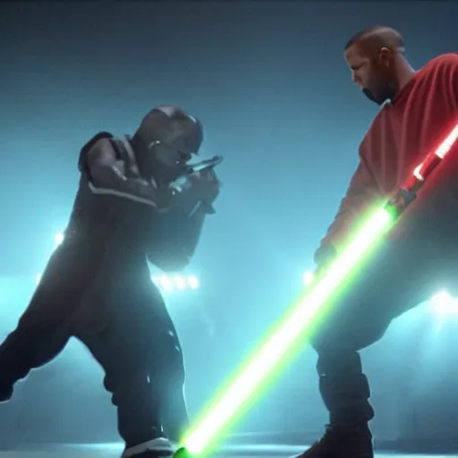 Image similar to kanye west vs drake lightsaber duel, cinematic, realistic